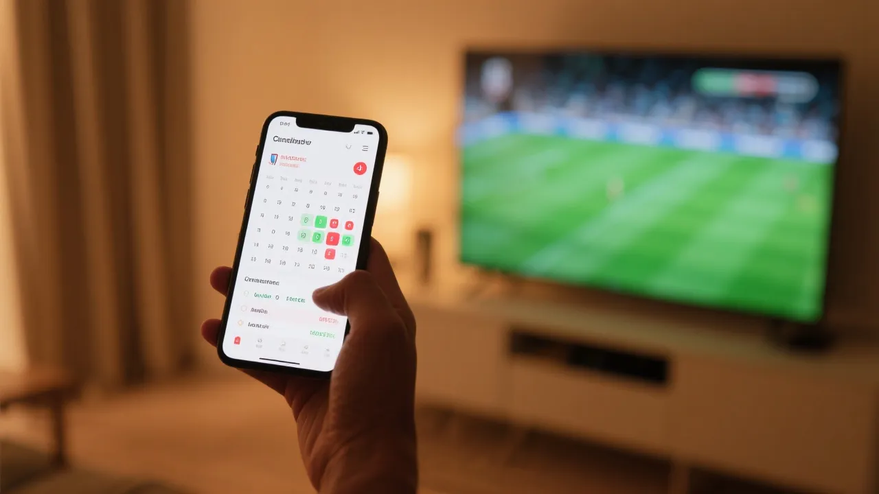 手机与电视联动的观赛场景，屏幕显示赛程提醒与实时数据界面