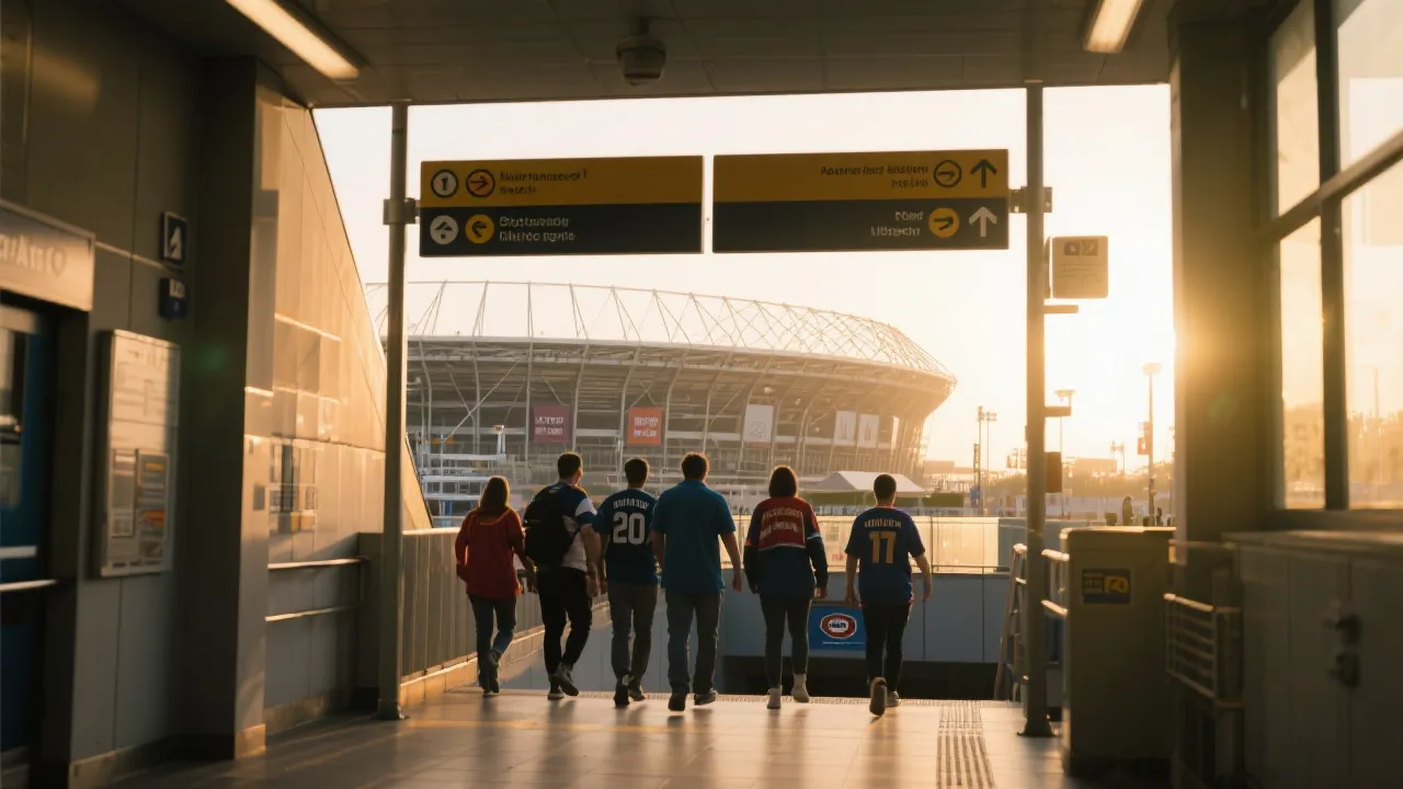 球迷从公共交通站点步行接驳到体育场的路线示意氛围图