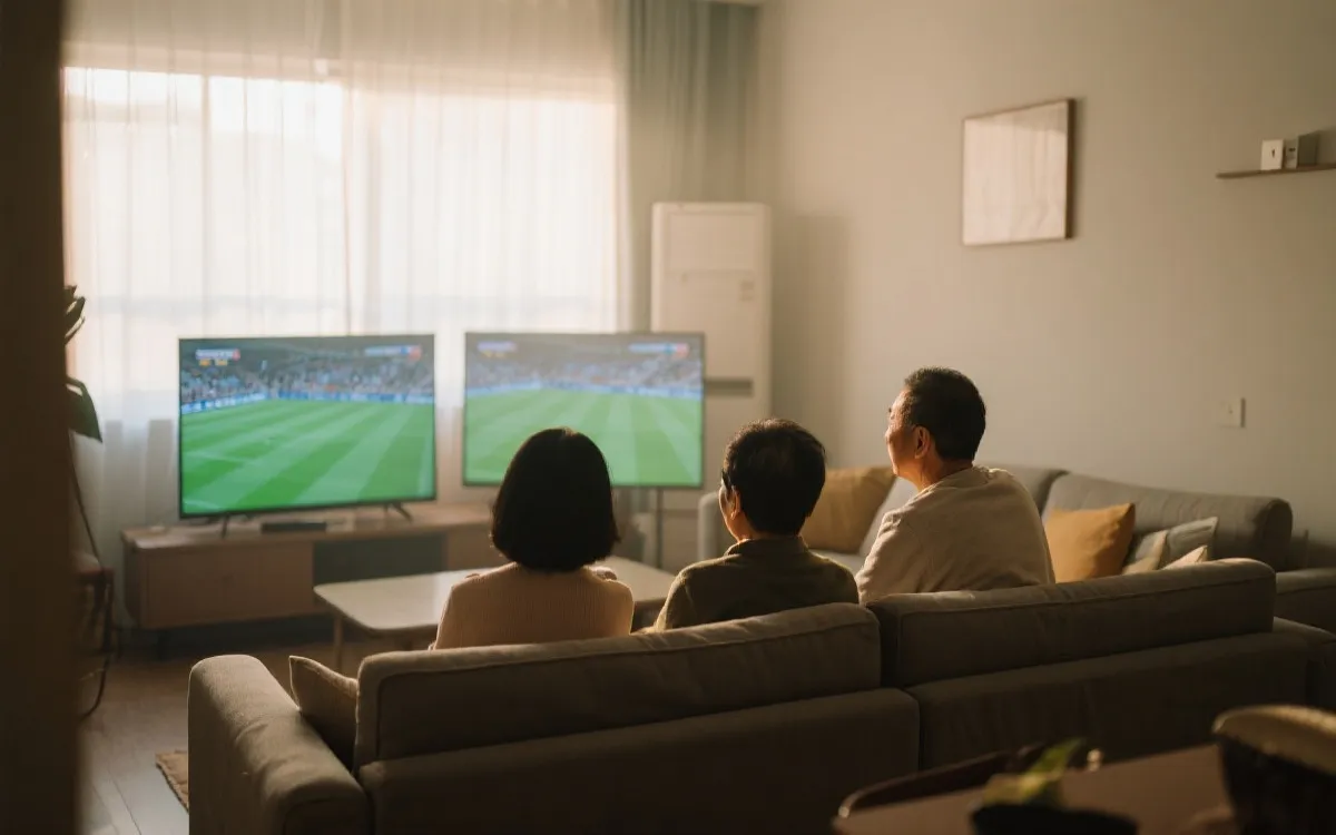 中国球迷在家中用双屏观看足球比赛的场景