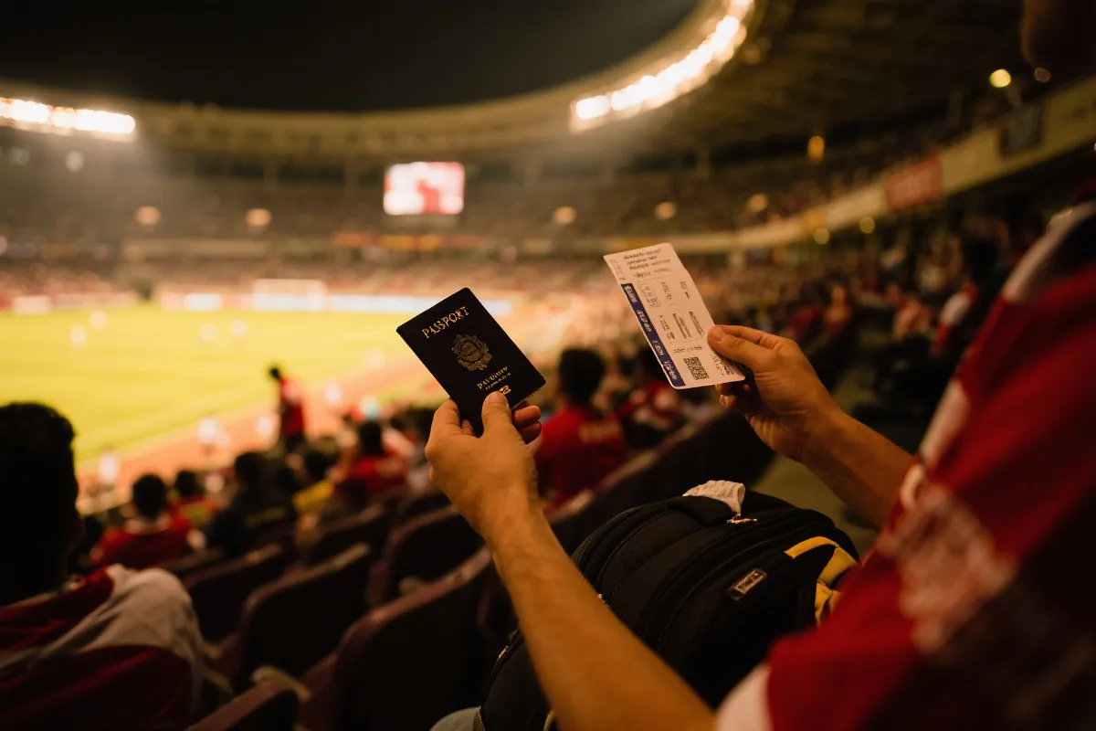 世界杯现场看台氛围与球迷手持机票护照的旅行准备画面,纪实摄影风格